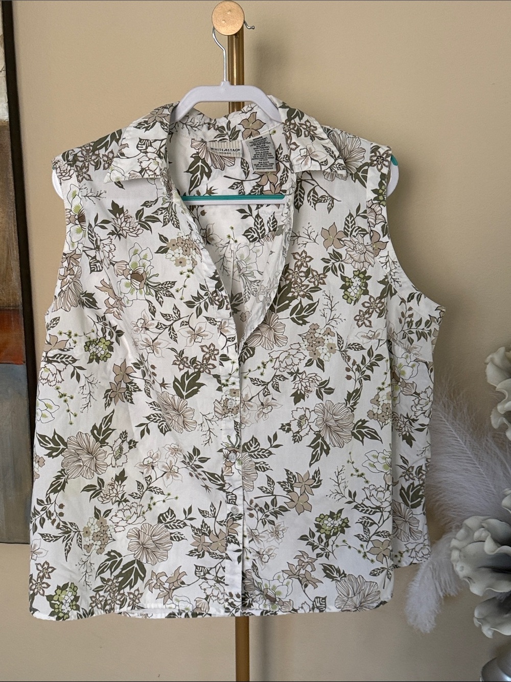 White Stag Floral Sleeveless Button-Up Top — White, Olive & Tan Accents